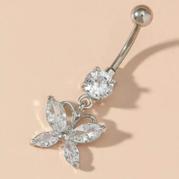 Lab-Created Moissanite Butterfly Belly Button Ring Pierced Naval 14k White Gold Plated Piercing