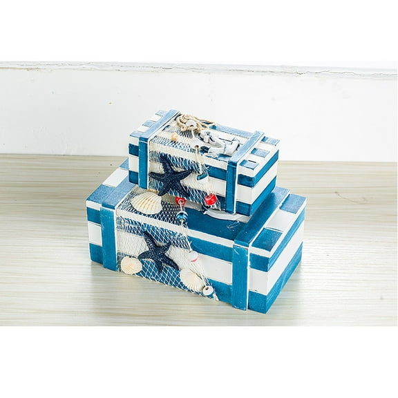 Nautical Box 2 Pcs Set, Handcrafted Nautical Box With Seashells Decorations,Sea Shell Jewelry Storage Organizer Set