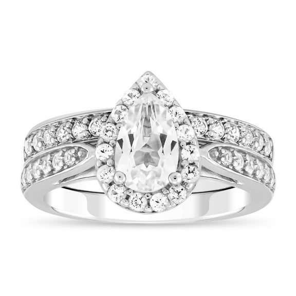 Brilliance 925 Sterling Silver Created White Sapphire Pear Bridal Engagement Set