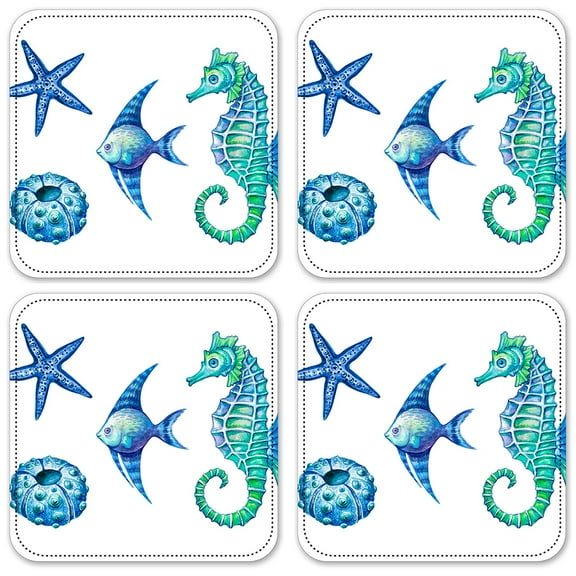 Vinyl Drink Coasters - Set of 4 - Colorful Seahorse & Shells