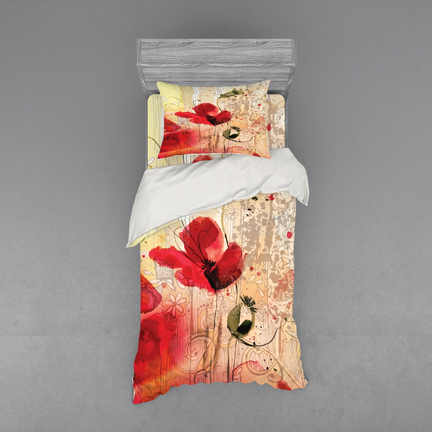 Flower Duvet Cover Set Red Poppy Flower Paint Brush Effect Beige
