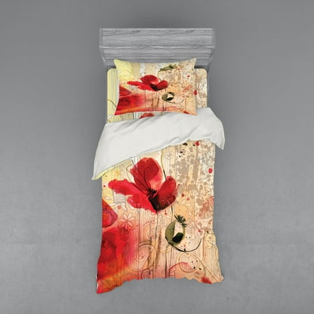 Flower Duvet Cover Set Red Poppy Flower Paint Brush Effect Beige