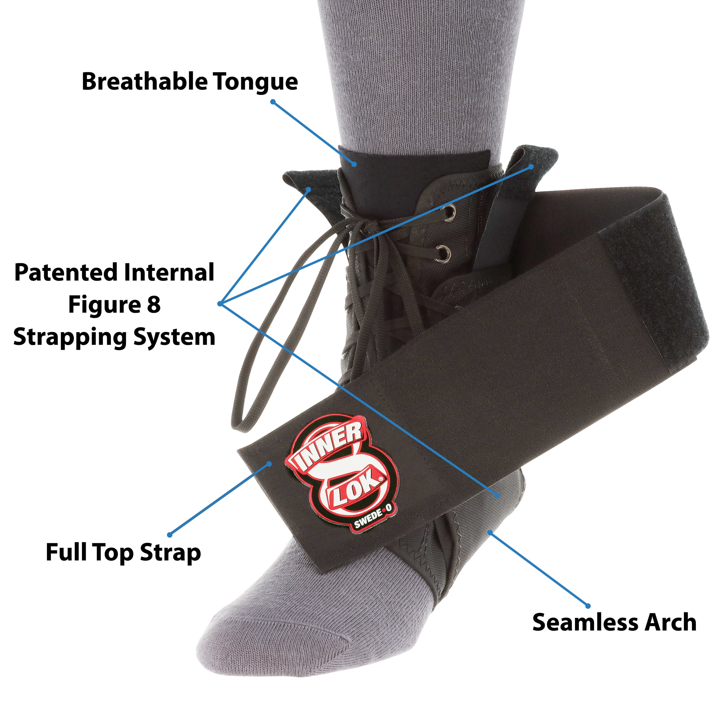 Swede-O Inner Lok 8 Laced Ankle Brace, Ballistic Nylon with Quick Release Strap, Black, XSmall