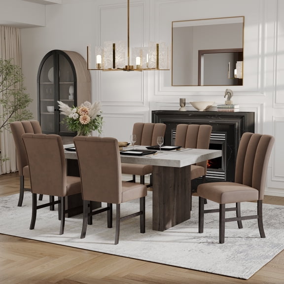 Roundhill Furniture Sorlen 5-Piece Dining Set, 3D Faux Concrete Table with 6 Chocolate Fabric Chairs