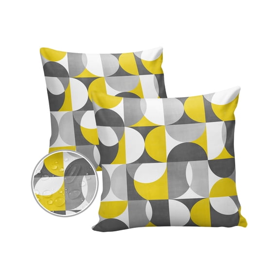 Pack of 2 Outdoor Pillow Covers, Vintage Mid-Century Modern Abstract Geometric Yellow Gray Waterproof Square Throw Pillowcase Cushion Decorative Pillow Covers for Couch Patio Tent, 16x16 in