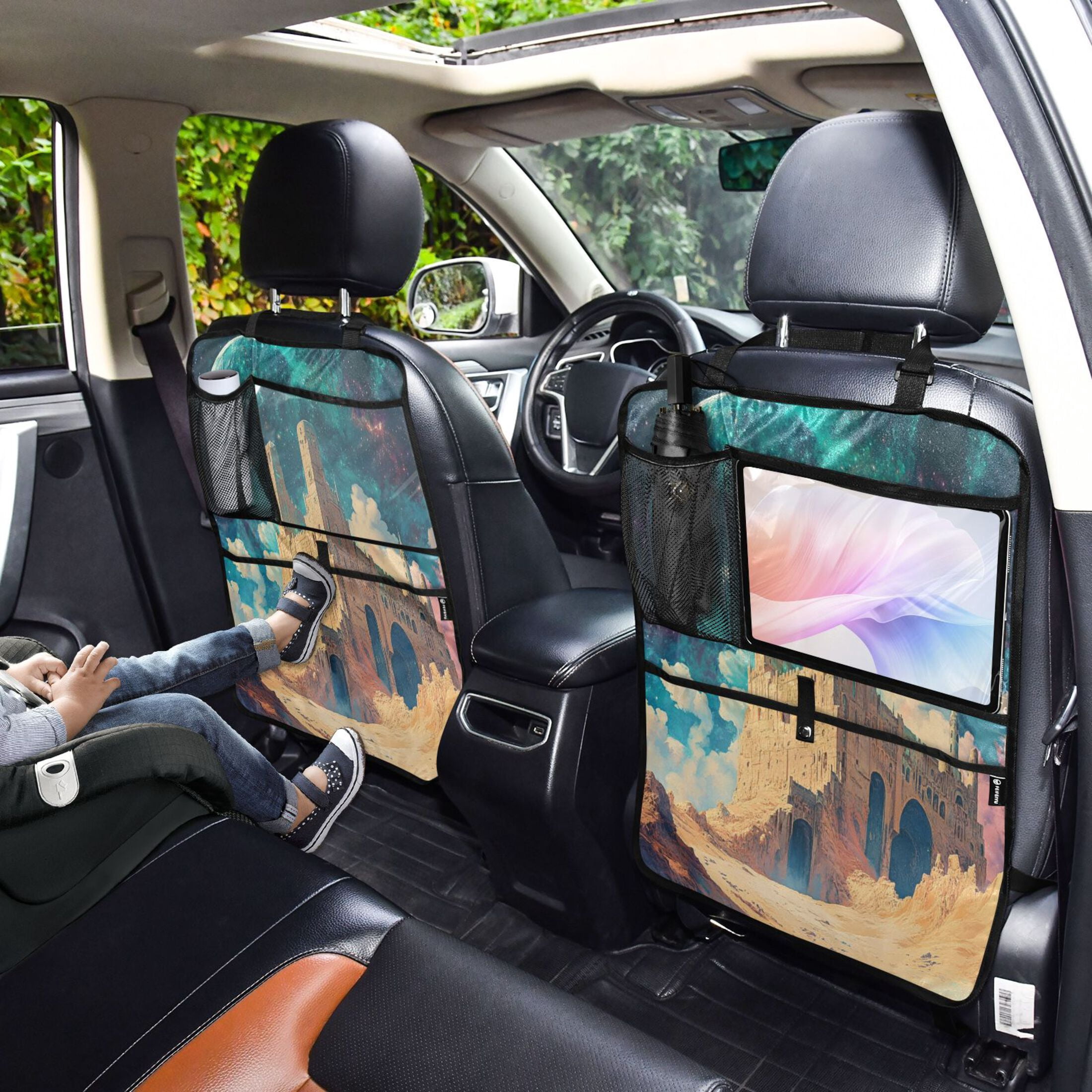 WOBOGO Blue Moon Backseat Car Organizer 2 PCS Footed Universal Car with Touch Screen Tablet Holder Rear Seat Protector