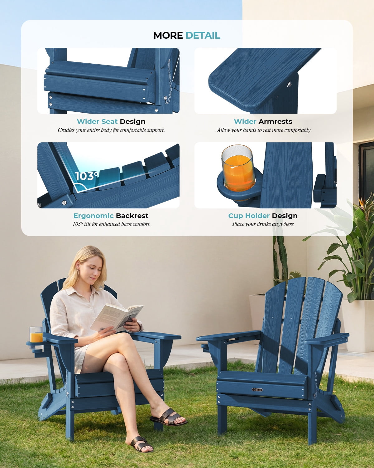 Folding Adirondack Chair, All-Weather HDPE Fire Pit Patio Chair, Navy