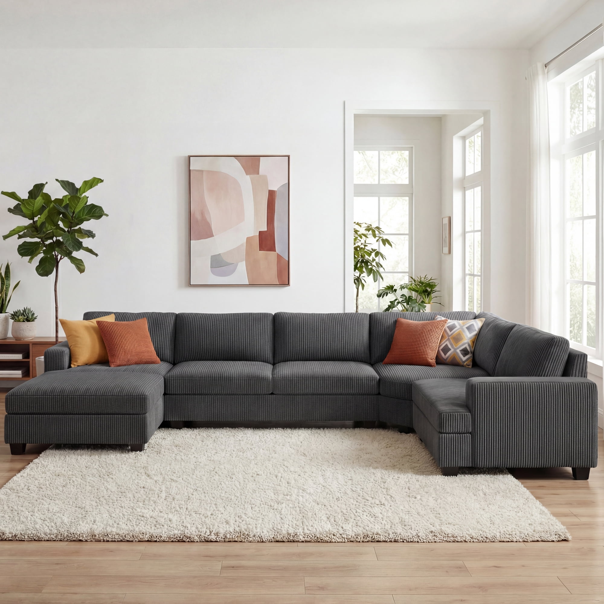 Honbay Modular Sectional Sleeper Sofa Bed Corduroy Convertible 6-Seater with Storage Chaises, Dark Grey