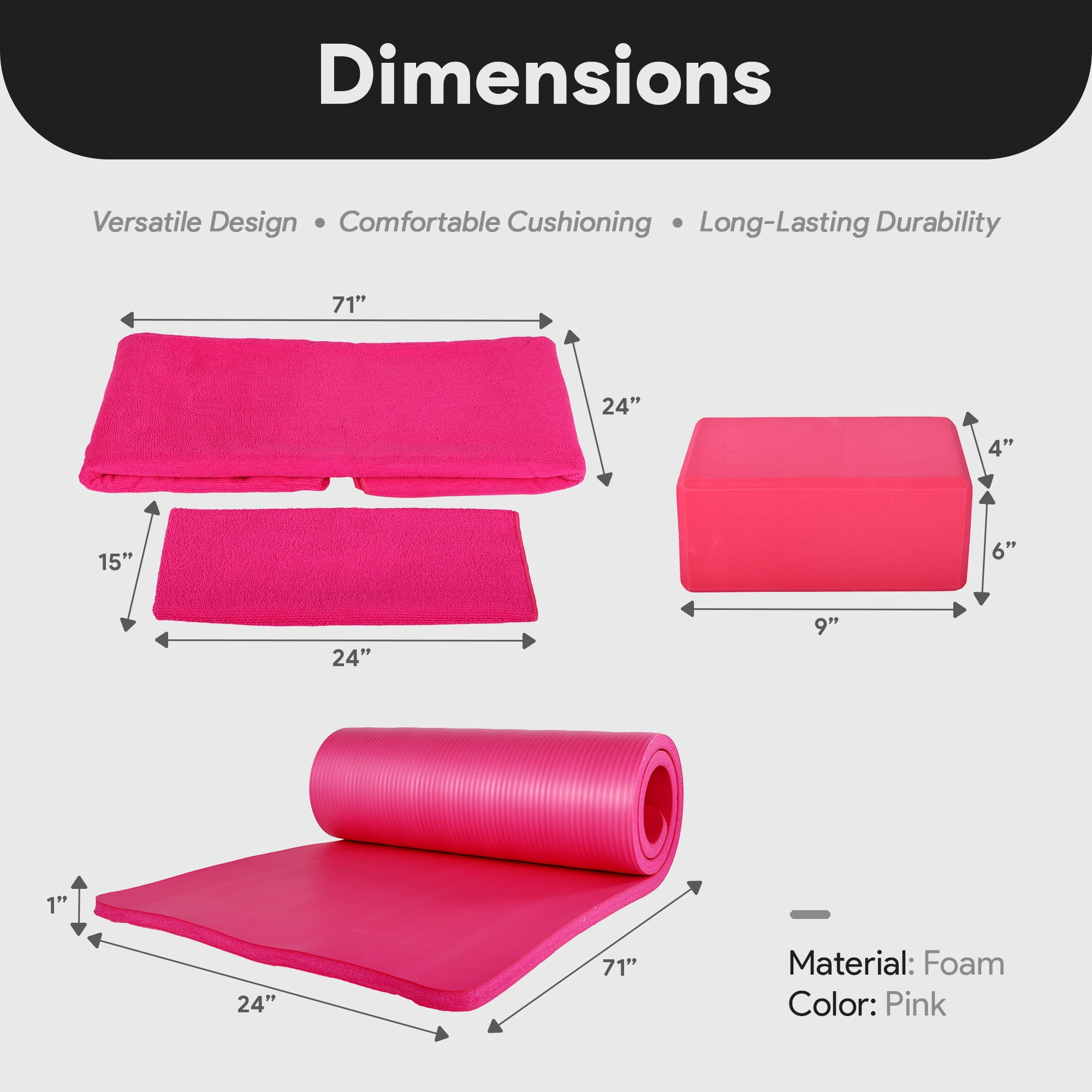 BalanceFrom Complete 7-Piece Yoga Set with 71” x 24” x 1” Extra Thick Mat, Pink