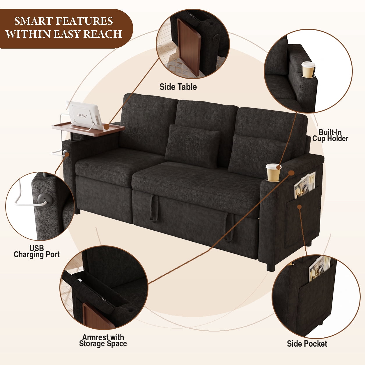 TiramisuBest 81" 3-in-1 Convertible Sleeper Sofa Bed with Power Recliner,Chenille Sofa Couch with Tray Table & USB for Living Room,Black