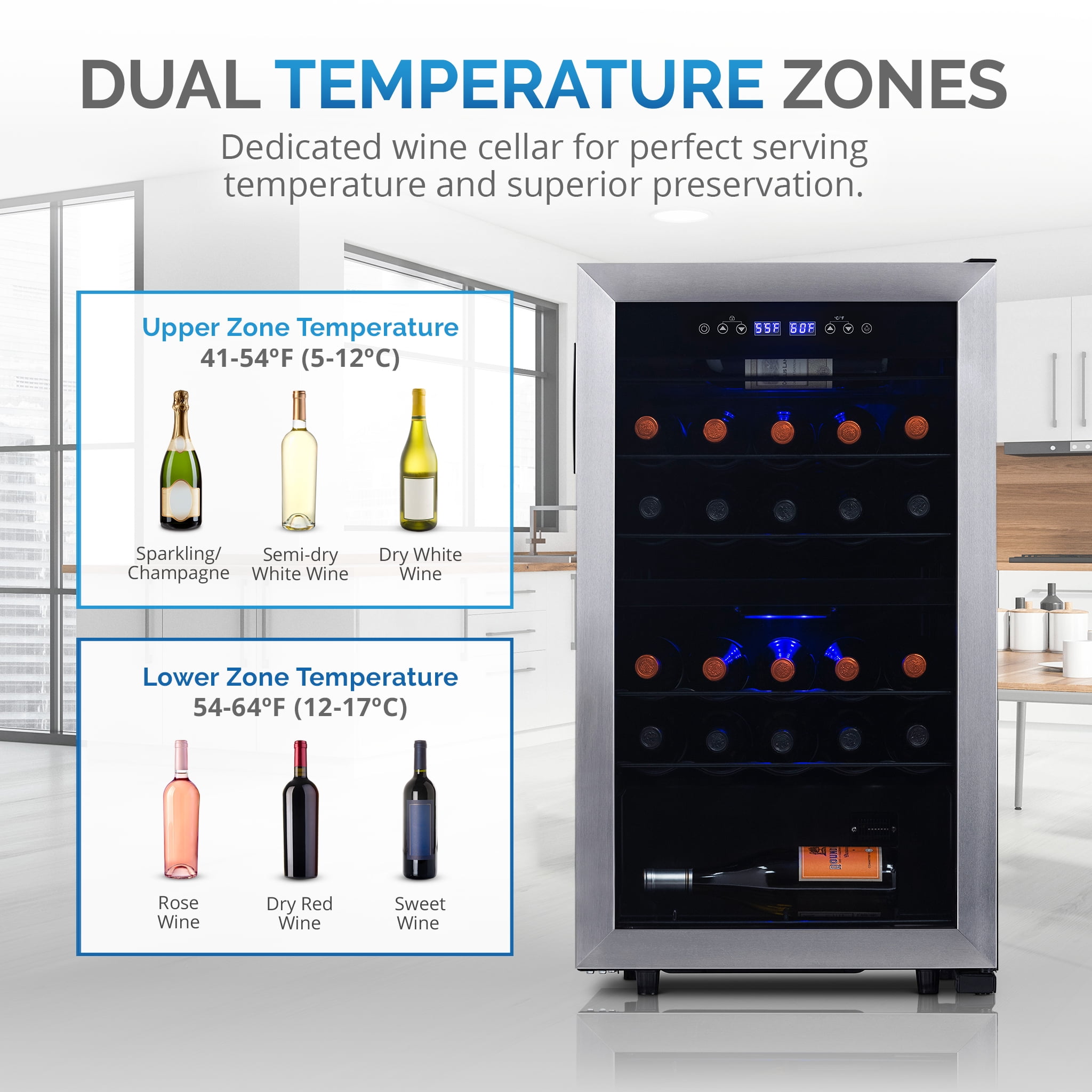 Newair Freestanding 28 Bottle Dual Zone Compressor Wine Fridge in Stainless Steel, Adjustable Racks and Exterior Digital Thermostat