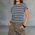 thumbnail image 2 of WHEANG Womens Summer Tops Classic Striped Crew Neck Short Sleeve T Shirts for Women Slim Fit Soft Casual Basic Tee Versatile Stretchy Undershirt Top for Daily Summer Outdoor Wear Black 2XL, 2 of 5