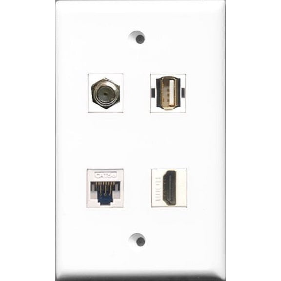 RiteAV 1 Port HDMI and 1 Port Coax Cable TV- F-Type and 1 Port USB A-A and 1 Port Cat5e Ethernet White Wall Plate