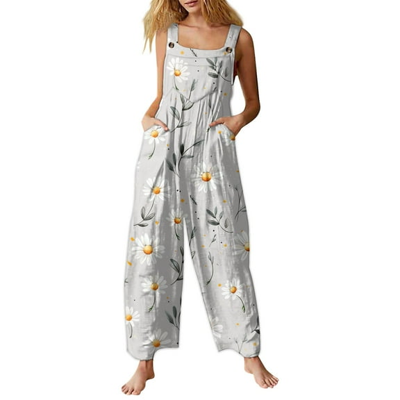 Lodgix Jumpsuits for Women Summer Sleeveless Patchwork Rompers Floral Print Casual Loose Jumpsuit Wide Leg Bib Overalls with Pockets Light Gray M