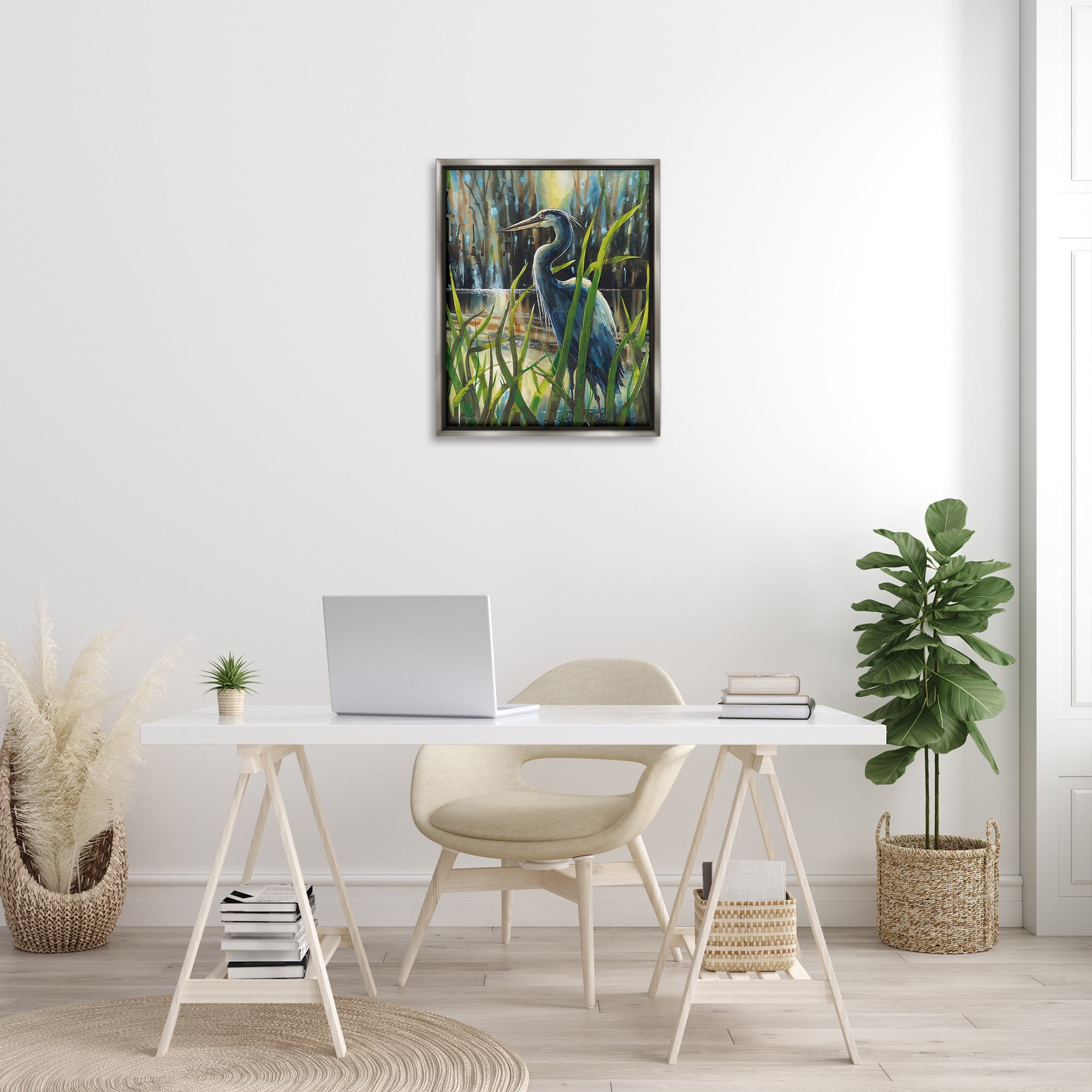 Stupell Industries Heron Between Pond Reeds Animals & Insects Painting Gray Floater Framed Canvas Art Print Wall Art, 25 x 31