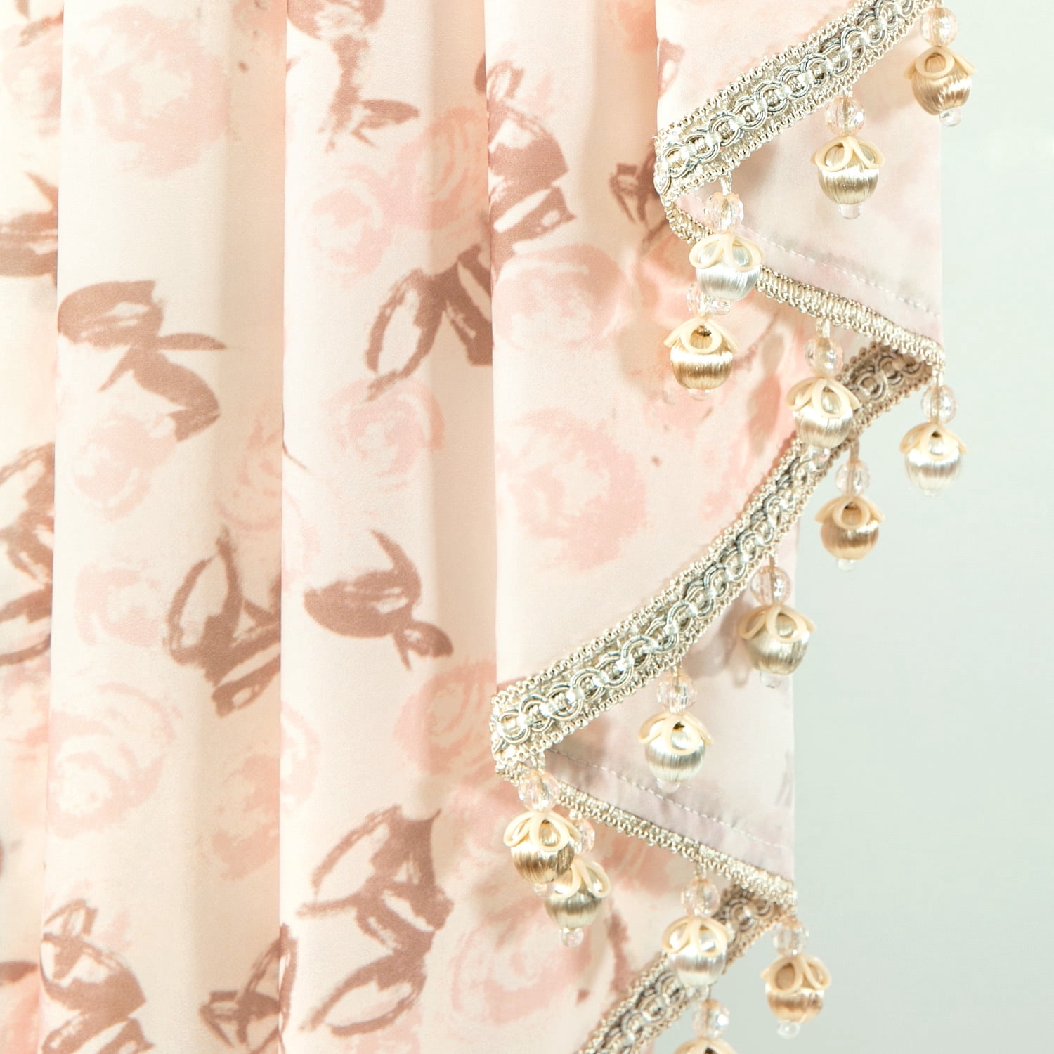 VOGOL Waterfall Valance 39x43 Inch - Sheer Voile, Vintage Pink Roses Print, Beaded Tassels, Farmhouse Style for Bedroom, Living Room, Nursery