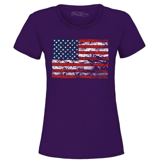 Shop4Ever Women's Distressed American Flag Horizontal USA Patriotic 4th of July Graphic T-Shirt Medium Purple