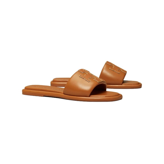 Tory Burch Double T Sport Women's Leather Logo Flat Slide Sandals