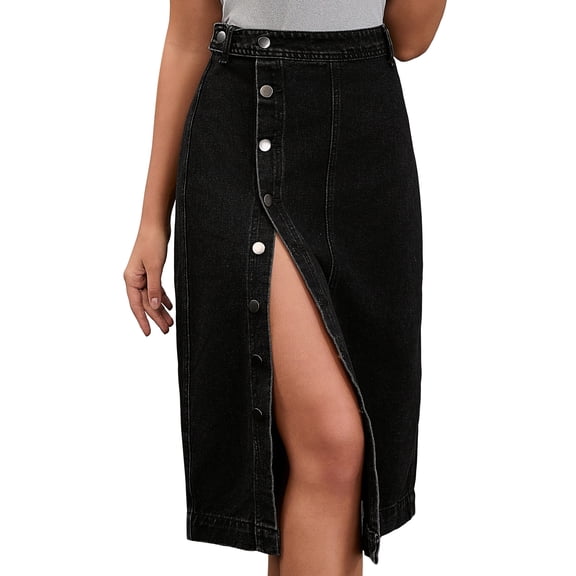 DARING DIVA Women's Denim Midi Skirt Button Up Slit Jean Skirts Small Black