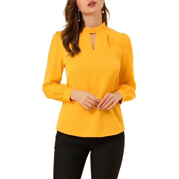 BLUSA CON CUELLO ALTO PLISADA Y BOTONES PARA MUJERES INSPIRE CHIC 3XL AMARILLO BRILLANTE