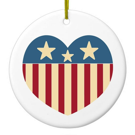 DistinctInk Hanging Ceramic Christmass Tree Ornament with Gold String - Great Gift / Present - 2 3/4 inch diameter - USA Heart Flag Red White & Blue