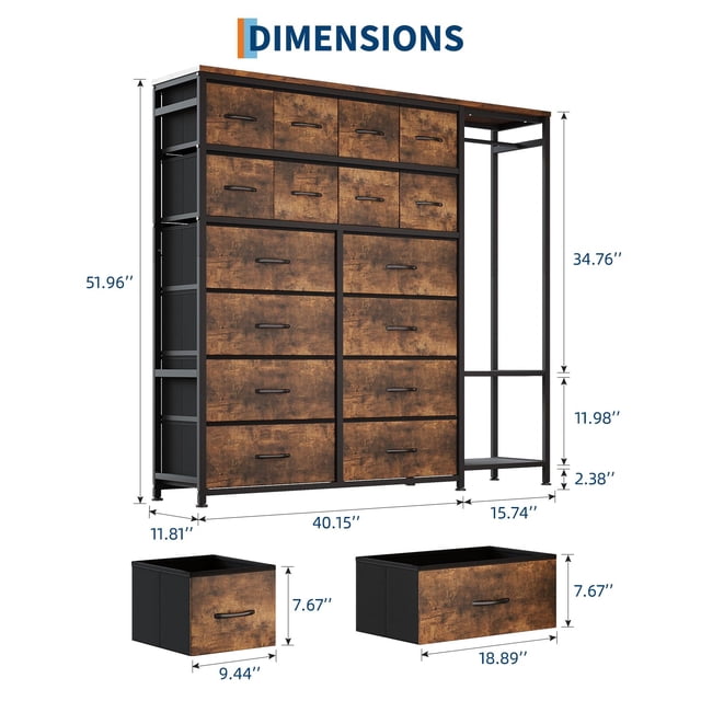 Kojooin 16 Drawers Dresser with Clothes Rack, Tall Fabric Storage Tower Organizer for Bedroom
