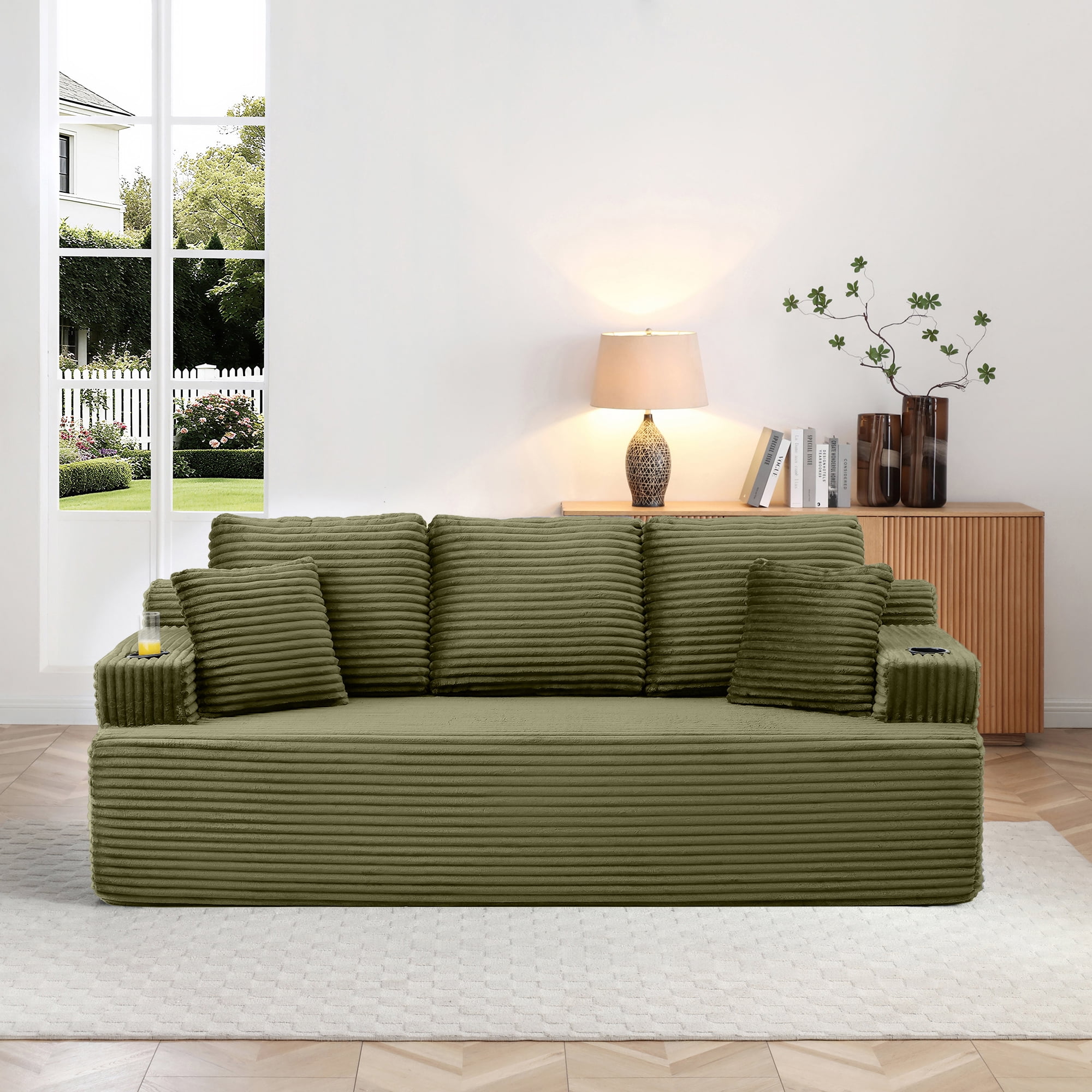 Boneless Sofa, 3-Seater Floor Couch with Cup Holders and Side Pockets, Corduroy Fabric No Assembly Sofa for Living Room or Dorm, 86.2 Inch, Green