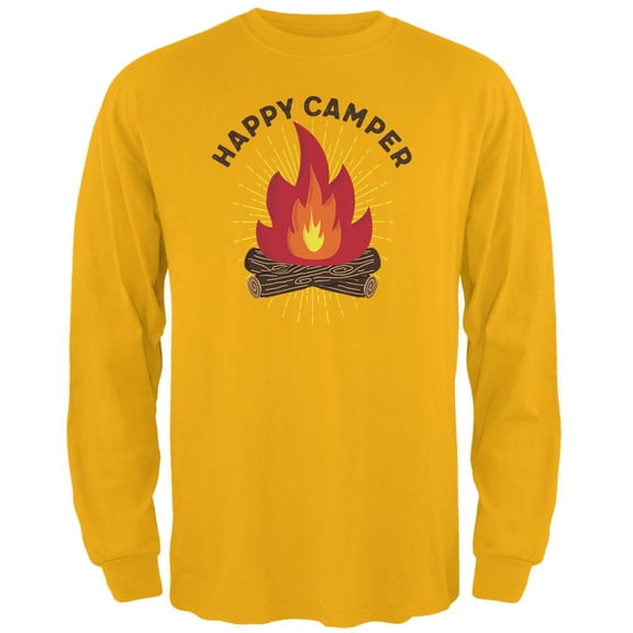 Hiking Happy Camper Campfire Mens Long Sleeve T Shirt Gold SM