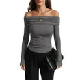 thumbnail image 3 of Women'S Off Shoulder Tops Dressy Casual Slim Fit Long Sleeves Spring Fall Blouse Going Out Shirt Gray L, 3 of 9
