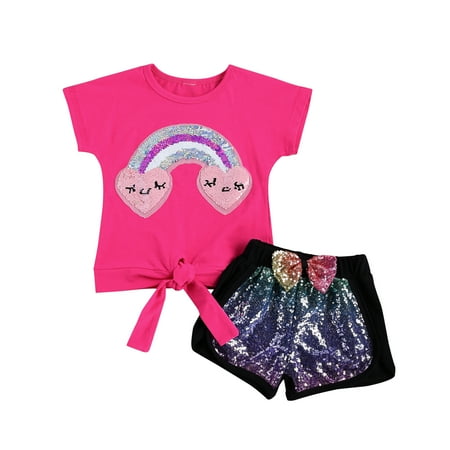 

Toddler Baby Girl Summer Clothes Sequins Pocket Knitted Short Sleeve T-Shirts+Drawstring Shorts Outfit Set 2Pcs