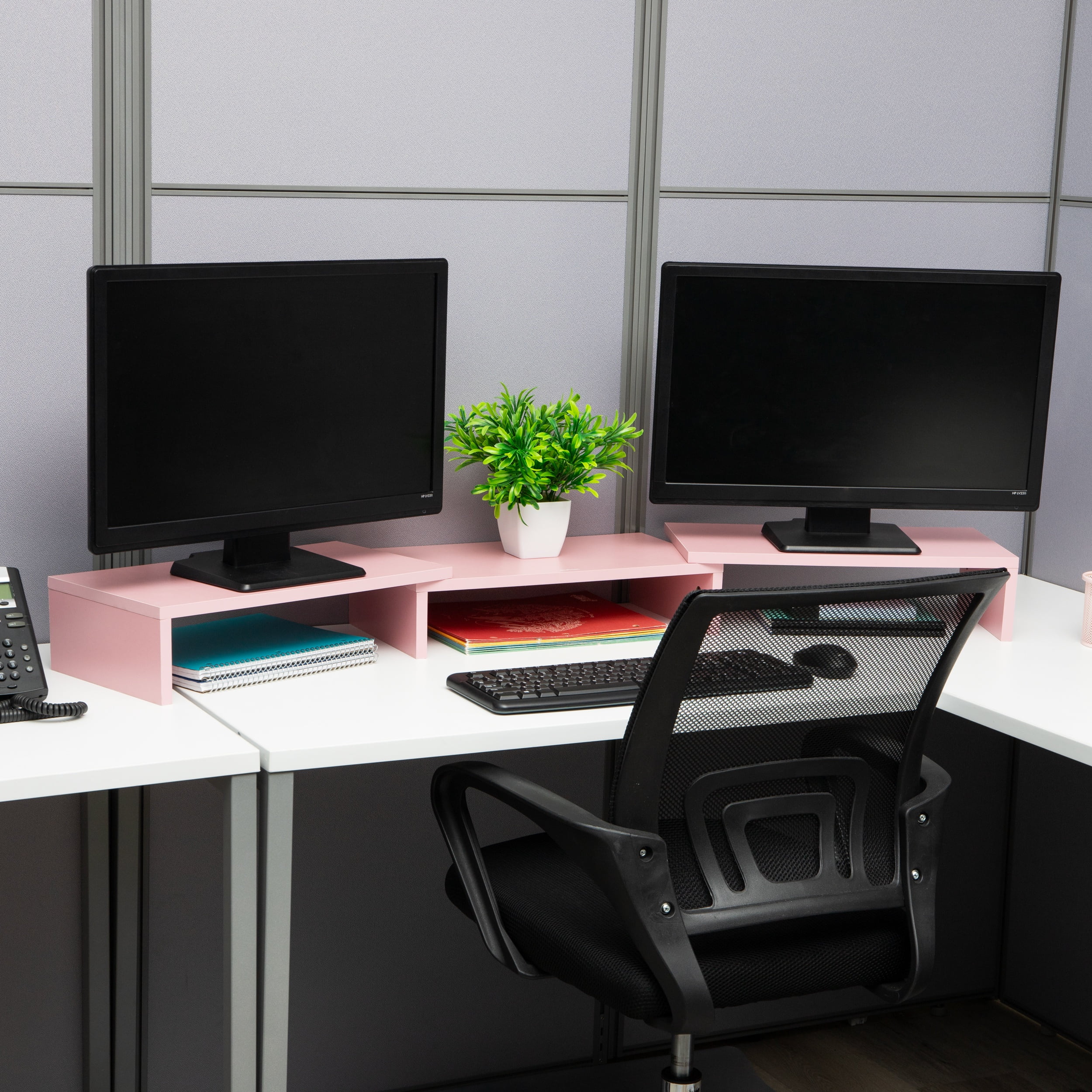 Mind Reader Dual Monitor Stand, Desktop Organizer, Laptop Riser, Office, MDF, 51.25"L x 9.25"W x 4.75"H, Pink