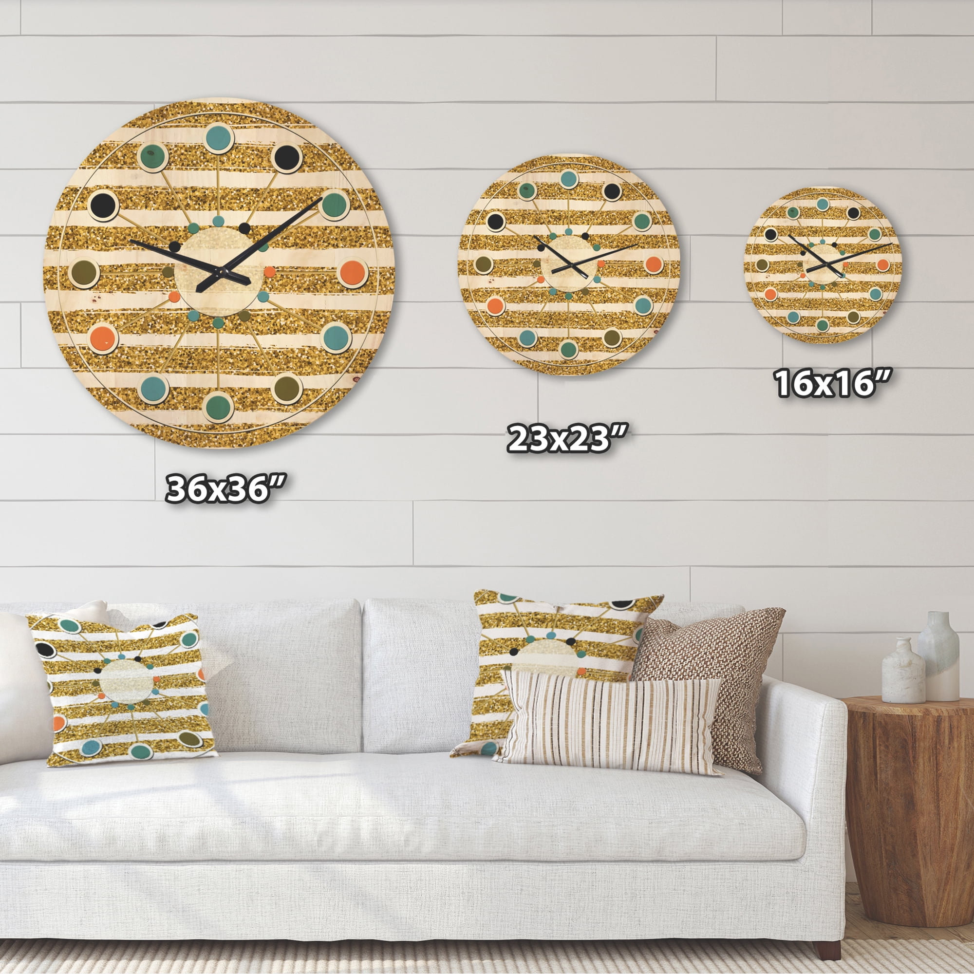Designart 'Golden Cubics Horizontal Lines ' Mid-Century Modern Wood Wall Clock