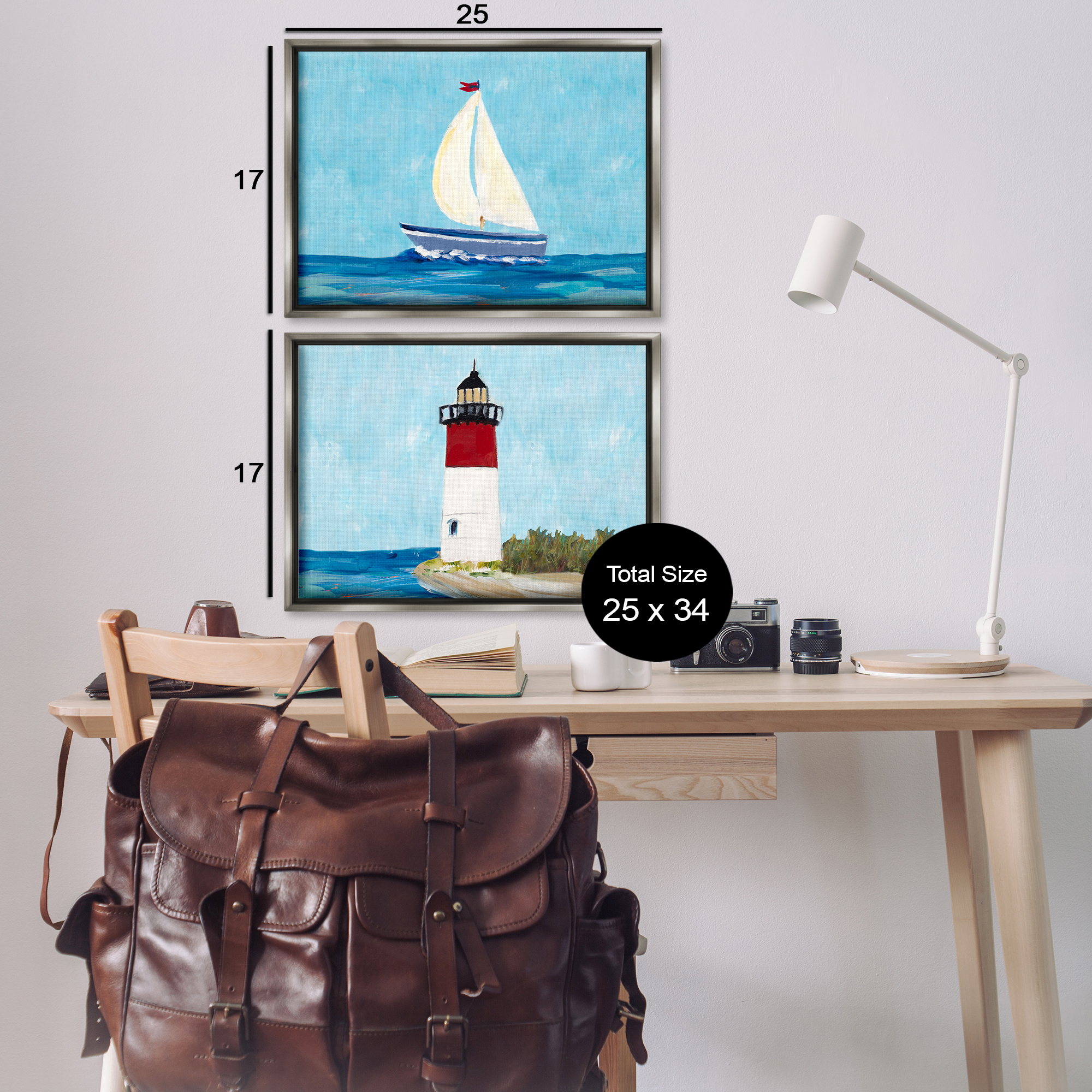 Stupell Industries Nautical Sail the Sea Lighthouse Nautical & Beach Painting Gray Floater Framed Canvas Art Print Wall Art, 25 x 17, Set of 2