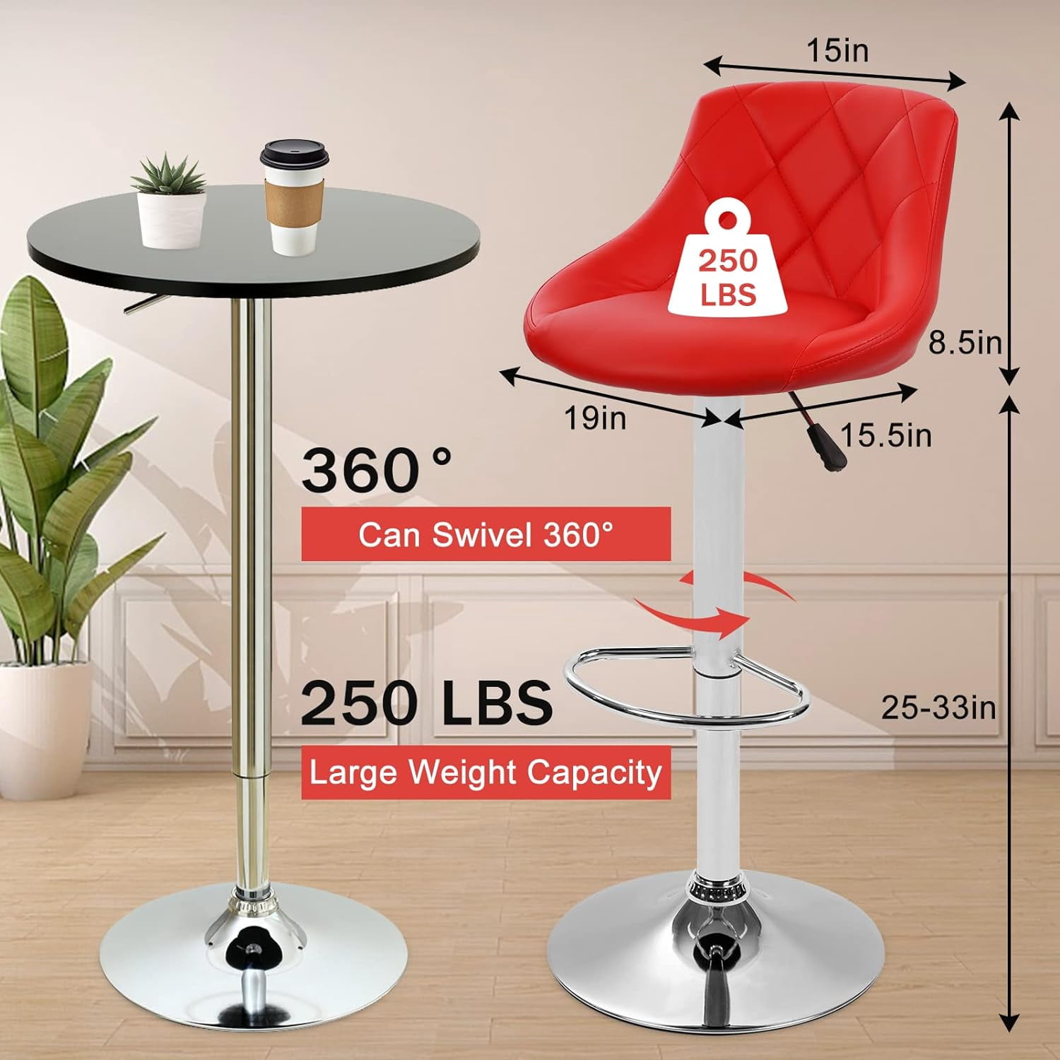 Modern Bar Stools Set of 2 Counter Height Adjustable Bar Chairs with Back and Chrome Base PU Leather Barstools Island Chairs for Kitchen Living Room Pub Swivel Bar Stools (Red)
