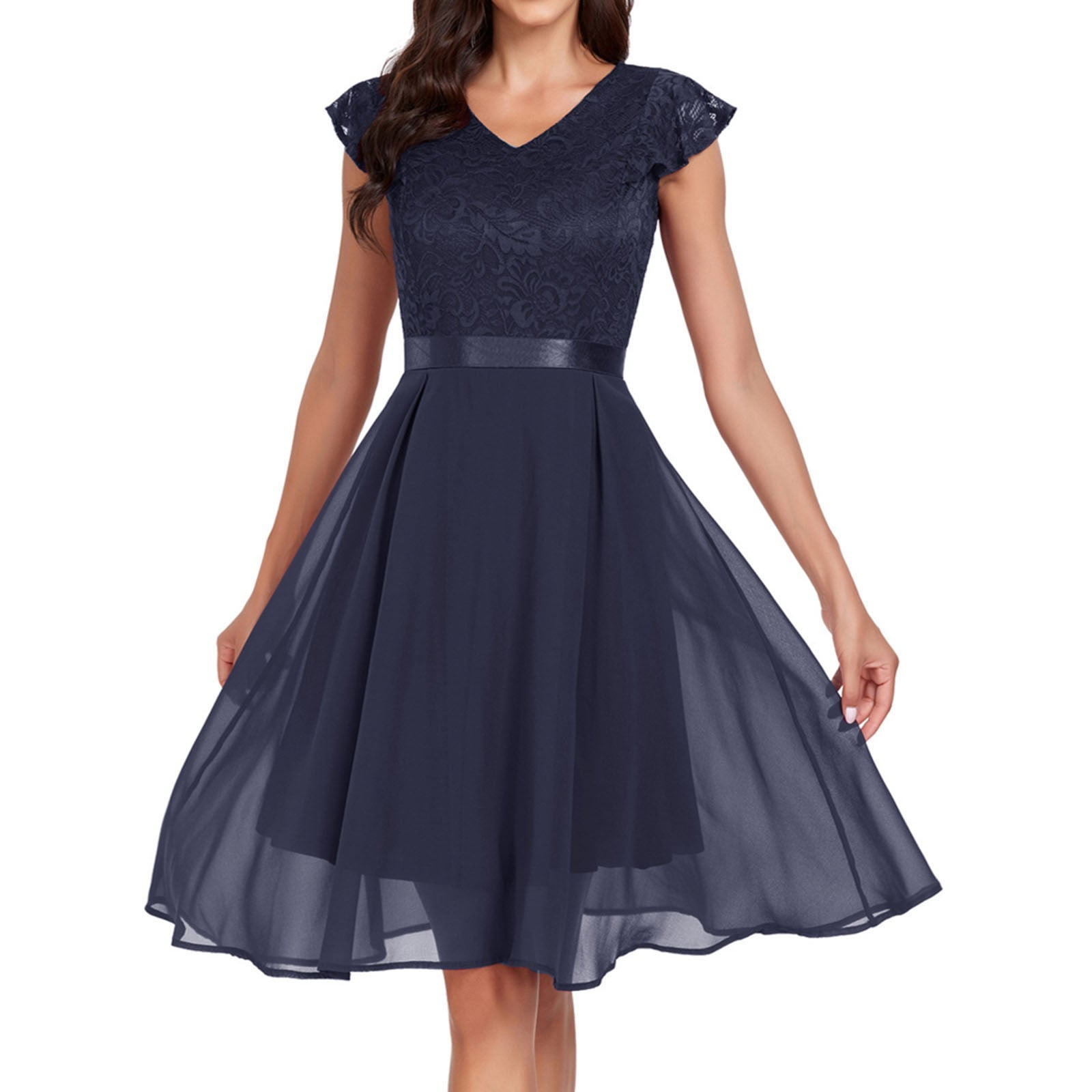 Womens Dress Beaded Long Gown Women s Short Sleeve Bridal Friend Dress for Wedding Lace Chiffon Mid Length formal Evening Adult Female Clothes Blue Size S Walmart