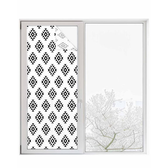 Window Privacy Film Black Boho Stained Glass Window Film Decorative Sun Block Window Cover Modern Tribal Aztec Abstract Geometric Window Clings Static Adhesive Sticker for Bathroom 29.5"x78.7"