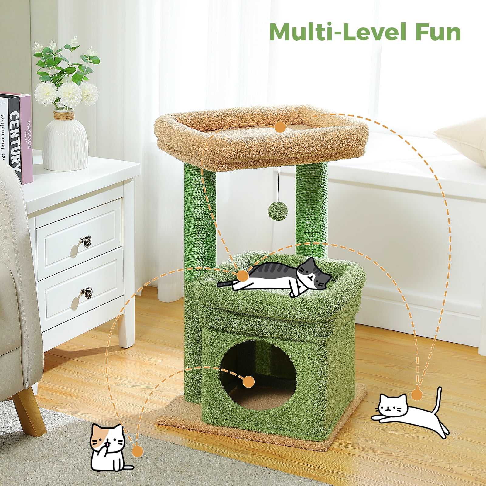 Pefilos 27" Cat Tree Tower for Indoor Cats with Scratching Posts, Climbing Cute Cat Condo, Cat Tree House, Green