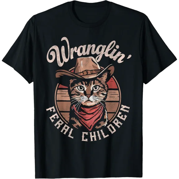 Wranglin' Feral Children Retro Cowboy Cat 90S Western Mom T-Shirt Size S-5XL