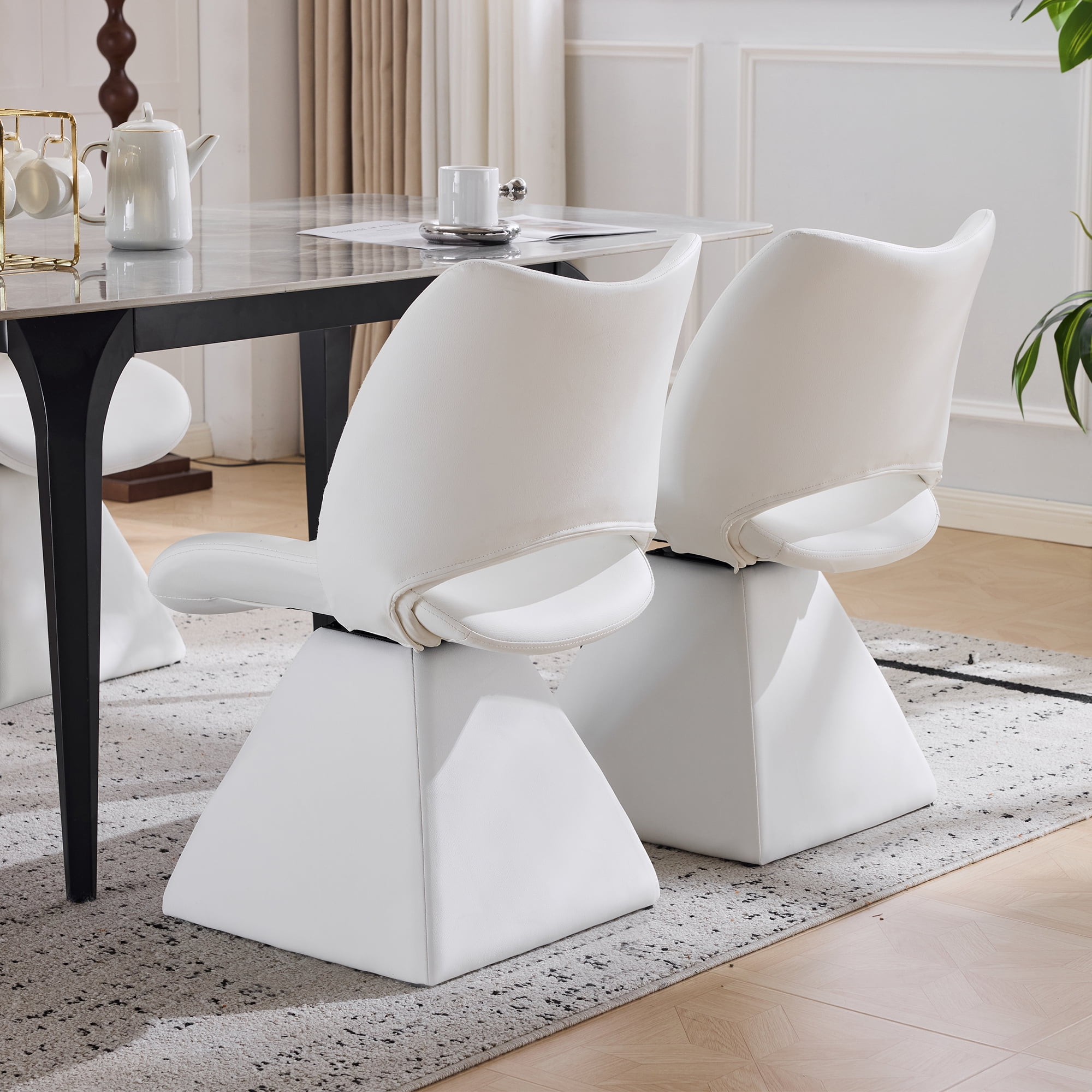 HOQBN Modern Swivel Dining Chair with Faux Leather, 360-Degree Upholstery Dining Chair with High Curved Back for Kitchen, Dining Room,White