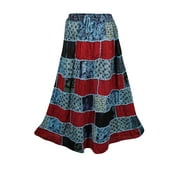 Mogul Womens Vintage Patchwork Long Skirt Elastic Waist Printed Bohemian A-Line Rayon Ethnic Indian Gypsy Tiered Skirts