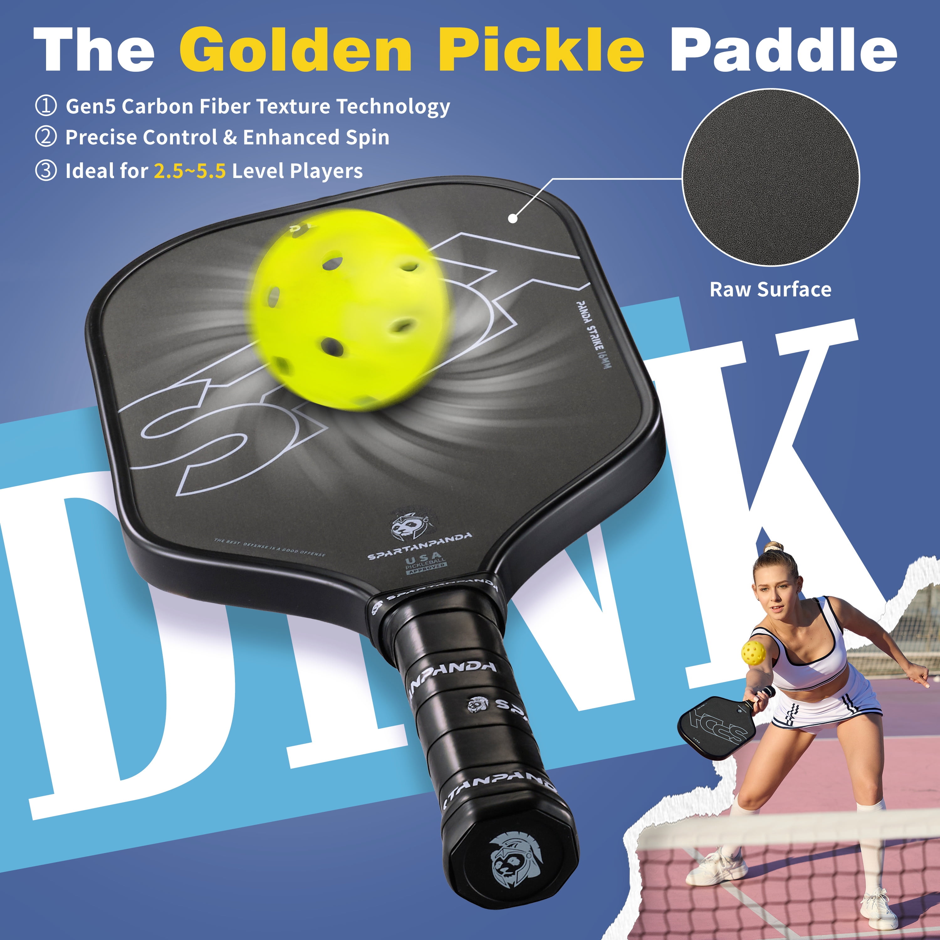 Professional Pickleball Paddle , T700 Carbon Fiber, 16mm Elongated Lightweight Edge Pickle-Ball Racket for Pro Control Players