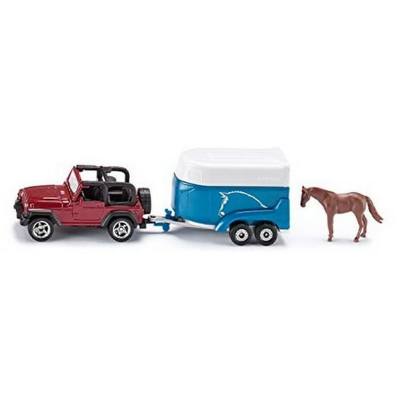 Jeep Red with Horse Trailer Blue and Horse Accessory Diecast Model by Siku