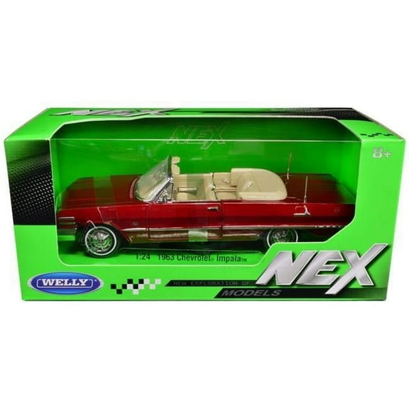 Welly 22434W-MRD 1963 Chevrolet Impala Convertible Red Metallic NEX Model 1-24 Scale Diecast Model Car