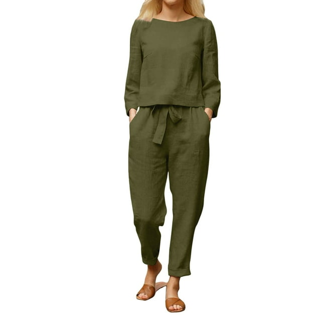 ManxiVoo Women's Long Sleeve Two Piece Set Comfortable Linen Blend Lounge Wear For Everyday L Size Green