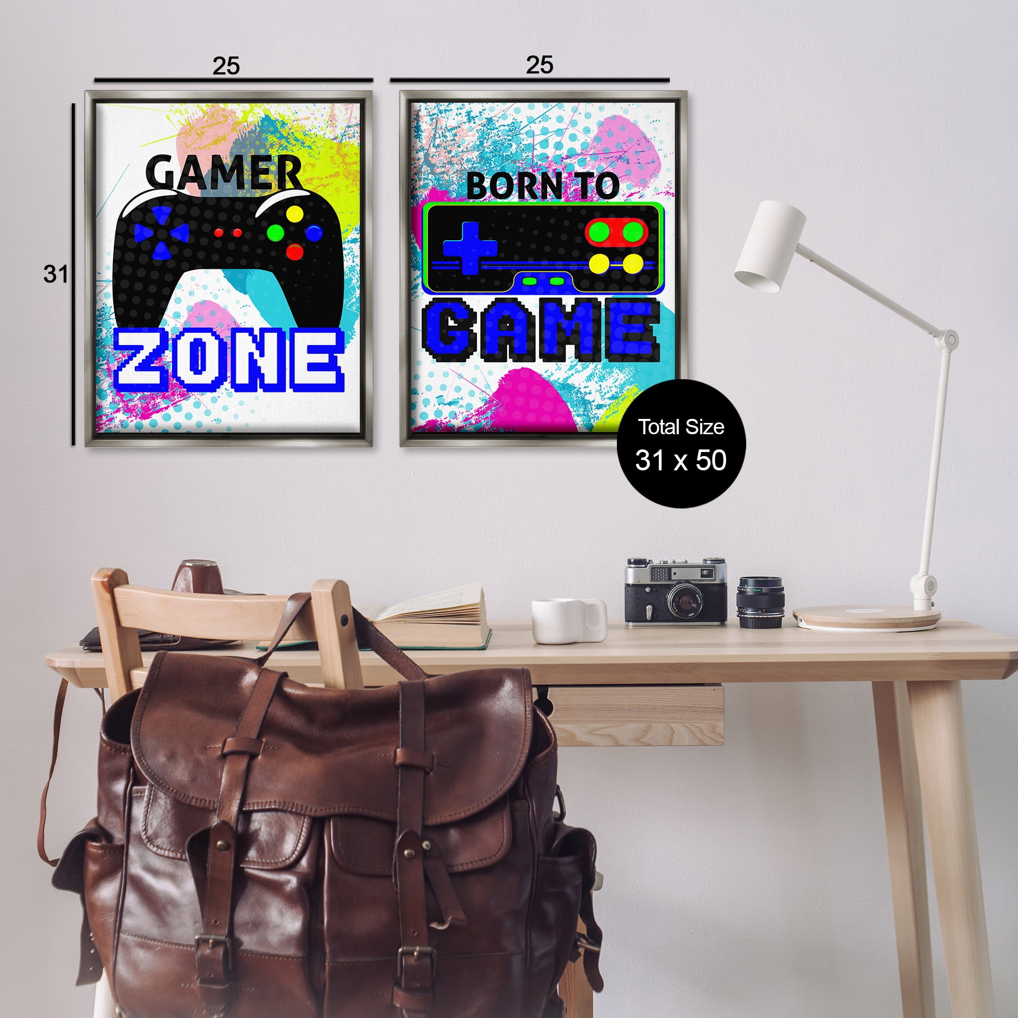 Stupell Industries Gamer Zone Splash Remote Entertainment Painting Gray Floater Framed Canvas Art Print Wall Art, 31 x 25, Set of 2