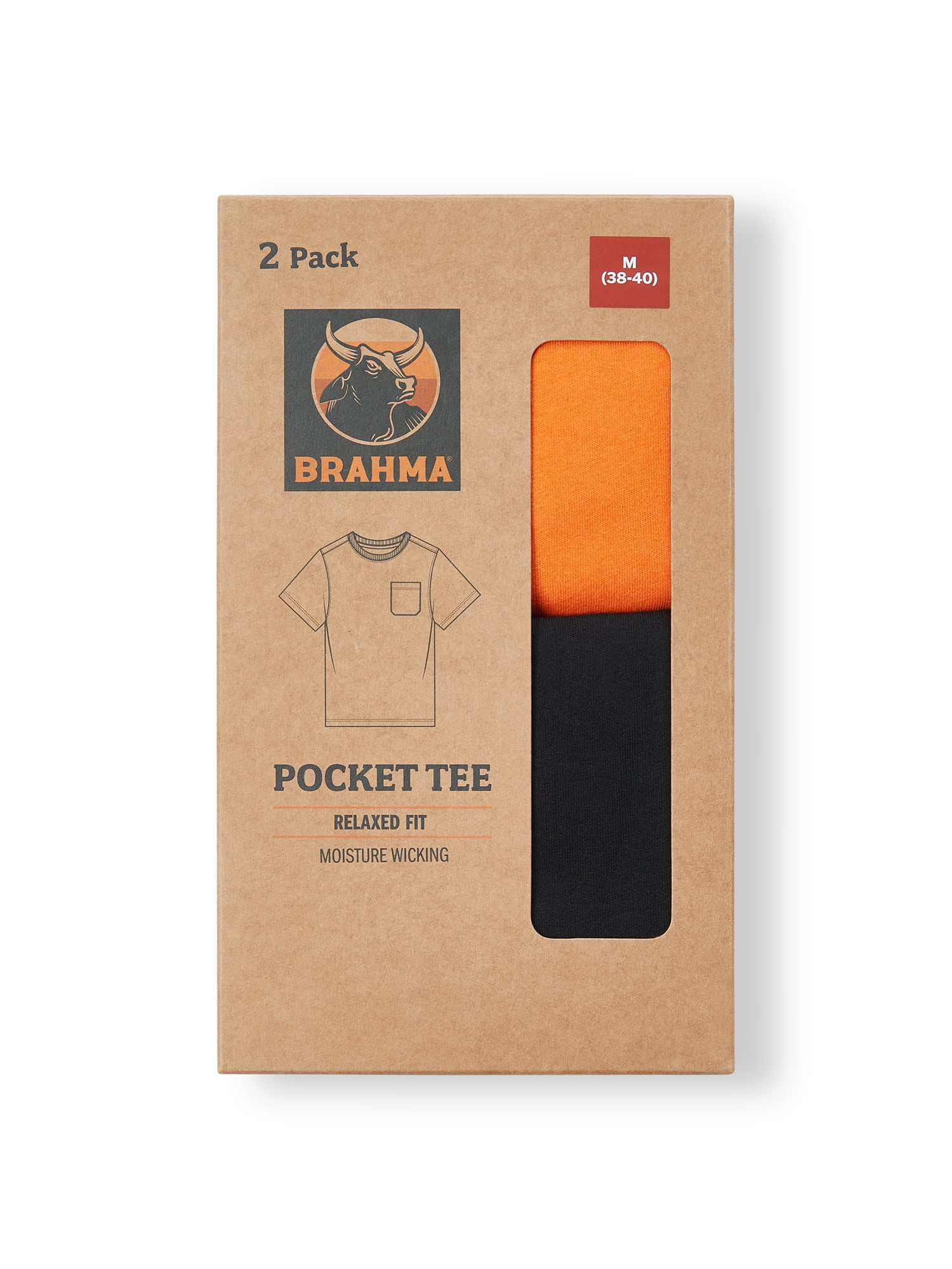 Brahma Men's Pocket T-Shirts Moisture-Wicking Short Sleeve Work Shirt, Black/Orange, 2-Pack