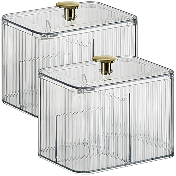 Clear Qtip Holder with 3-Section Organizer, Plastic Cotton Ball Holders and Storage, Transparent Rectangle Storage for Bathroom with Luxurious Gold Knob, 2 Pcs Set