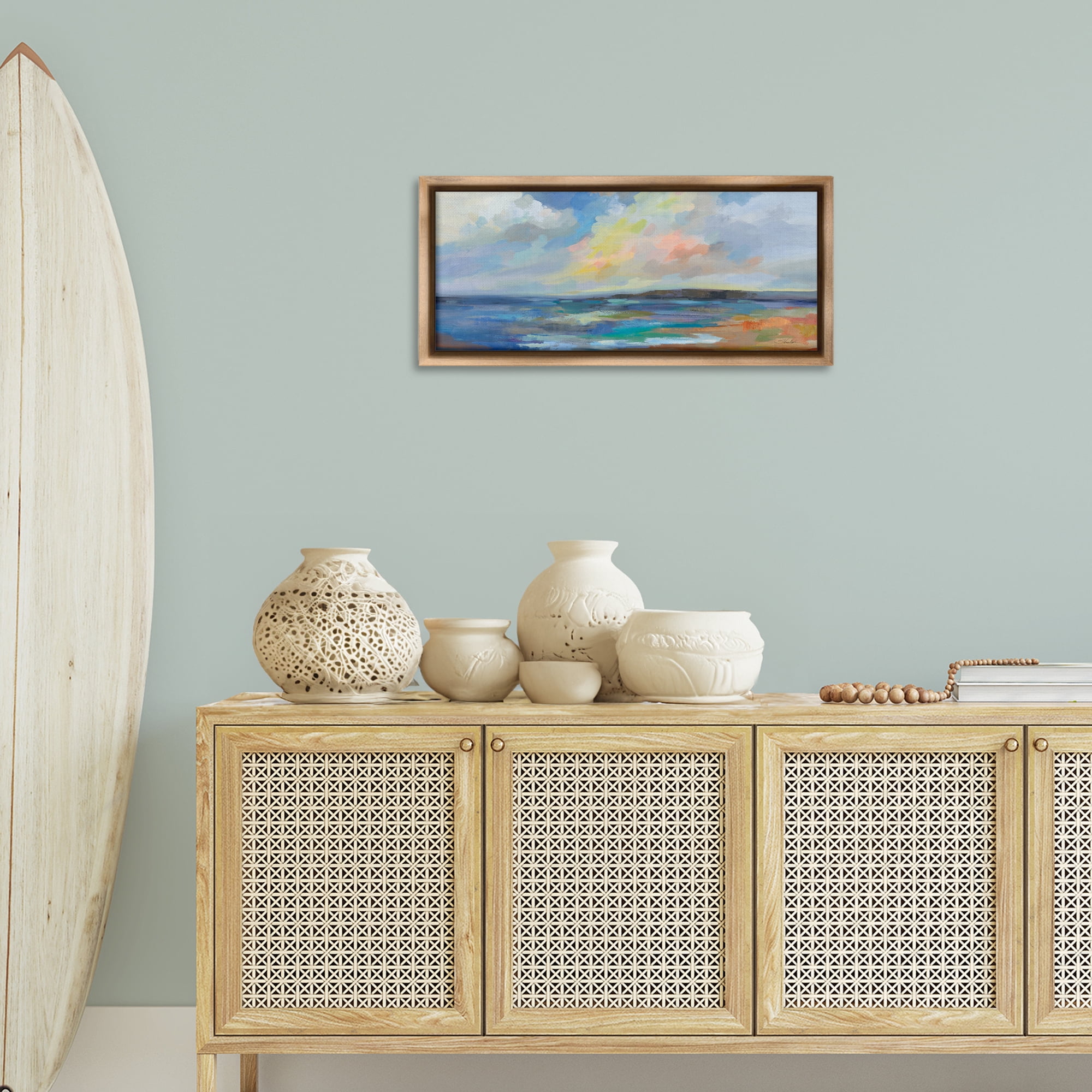 Stupell Industries Ocean Beach Sunset Landscape & Nature Painting Brown Floater Framed Canvas Art Print Wall Art, 31 x 14