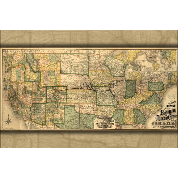 24"x36" Gallery Poster, map of Burlington & Missouri River Railroad 1882