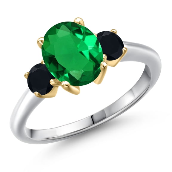 Gem Stone King 925 Silver and 10K Yellow Gold Green Nano Emerald and Black Onyx Engagement Ring for Women | 1.94 Cttw | Oval 9X7MM | Gemstone May Birthstone | Size 8